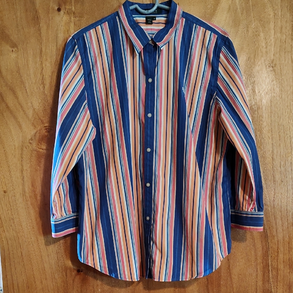 LAUREN Ralph Lauren Button Front Shirt Multicolor Stripe ¾-Sleeve 100% Cotton XL